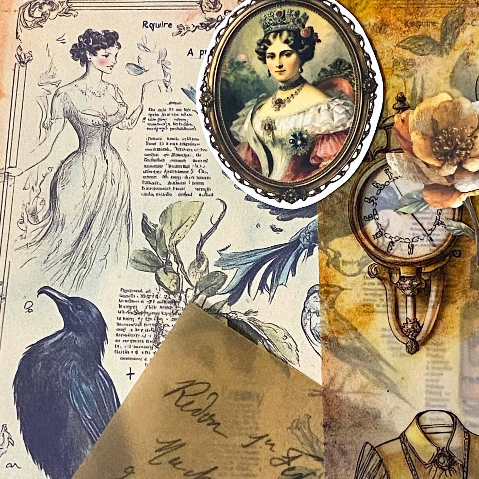 vintage scrapbooking ephemera bundle with victorian portrait stickers, antique papers, vellum sheets, mini envelopes and ornate key on neutral background