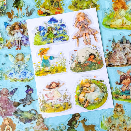 mushroom hollow and fairy glen PET sticker collection featuring fairies, woodland animals, foxes, rabbits, mushrooms, flowers and enchanted storybook figures including princesses. UK cute and kawaii stationery shop with lettterbox gifts.
