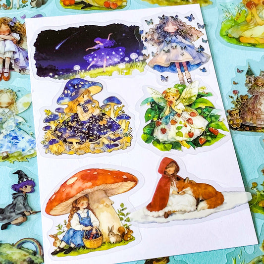 mushroom hollow and fairy glen PET sticker collection featuring fairies, woodland animals, foxes, rabbits, mushrooms, flowers and enchanted storybook figures including princesses. UK cute and kawaii stationery shop with lettterbox gifts.