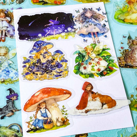 mushroom hollow and fairy glen PET sticker collection featuring fairies, woodland animals, foxes, rabbits, mushrooms, flowers and enchanted storybook figures including princesses. UK cute and kawaii stationery shop with lettterbox gifts.