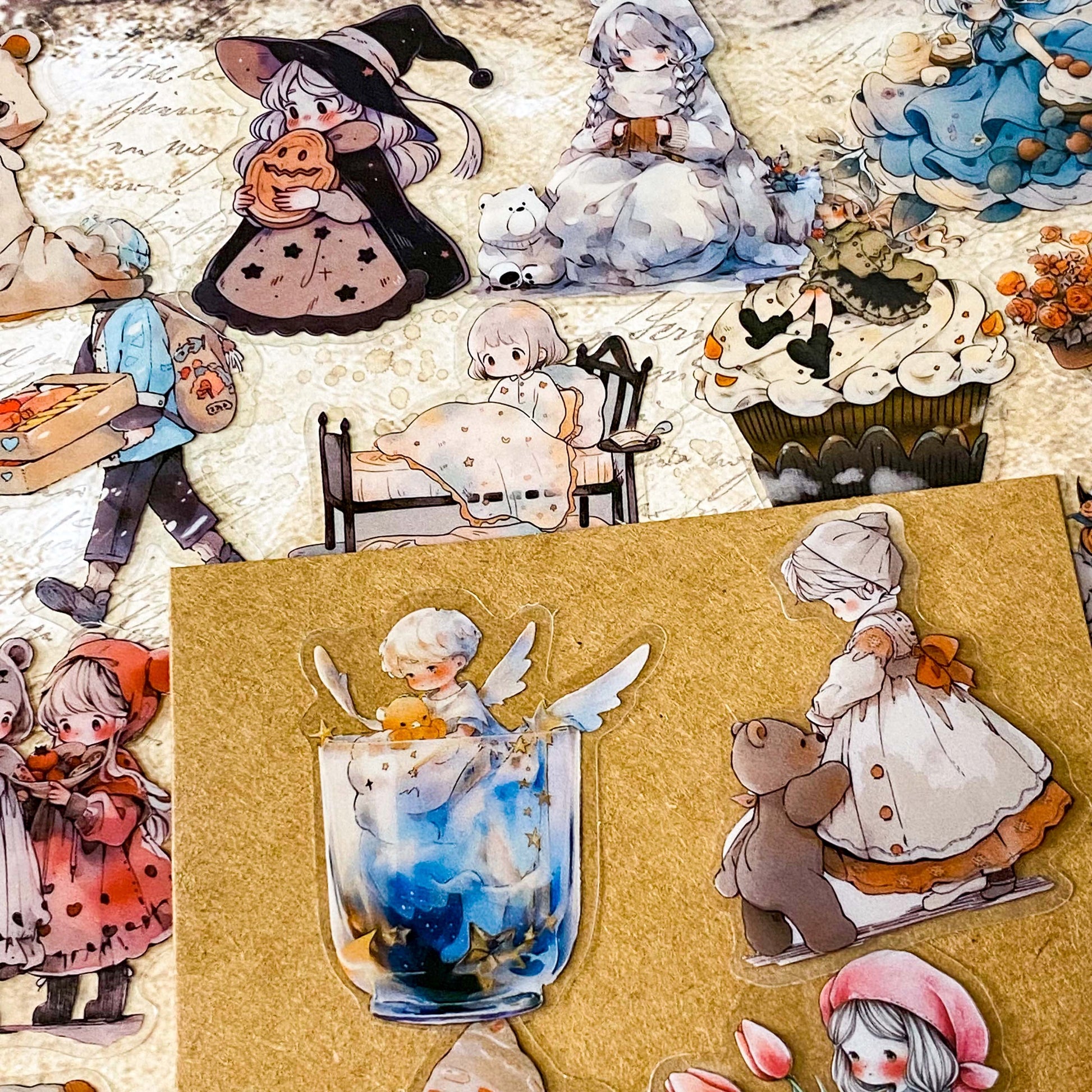 48 piece storybook daydreams PET sticker collection featuring vintage style children, teddy bears, flowers, woodland animals, cottagecore scenes and whimsical fairytale illustrations. Muted antique retro colours. UK cute stationery shop and letterbox gifts store.