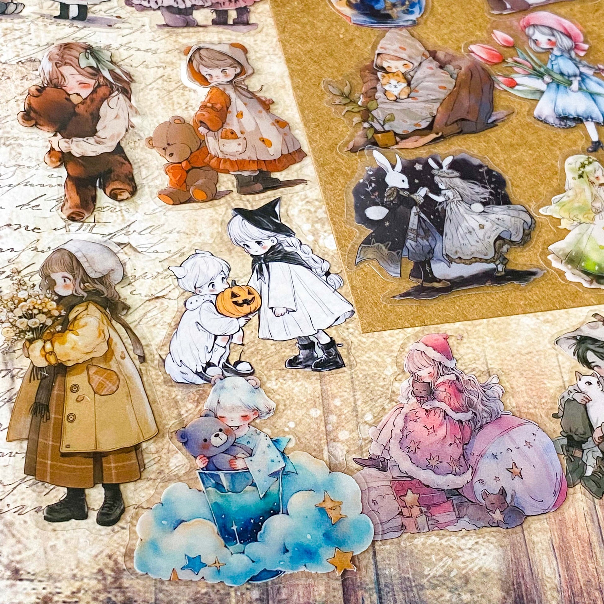 48 piece storybook daydreams PET sticker collection featuring vintage style children, teddy bears, flowers, woodland animals, cottagecore scenes and whimsical fairytale illustrations. Muted antique retro colours. UK cute stationery shop and letterbox gifts store.