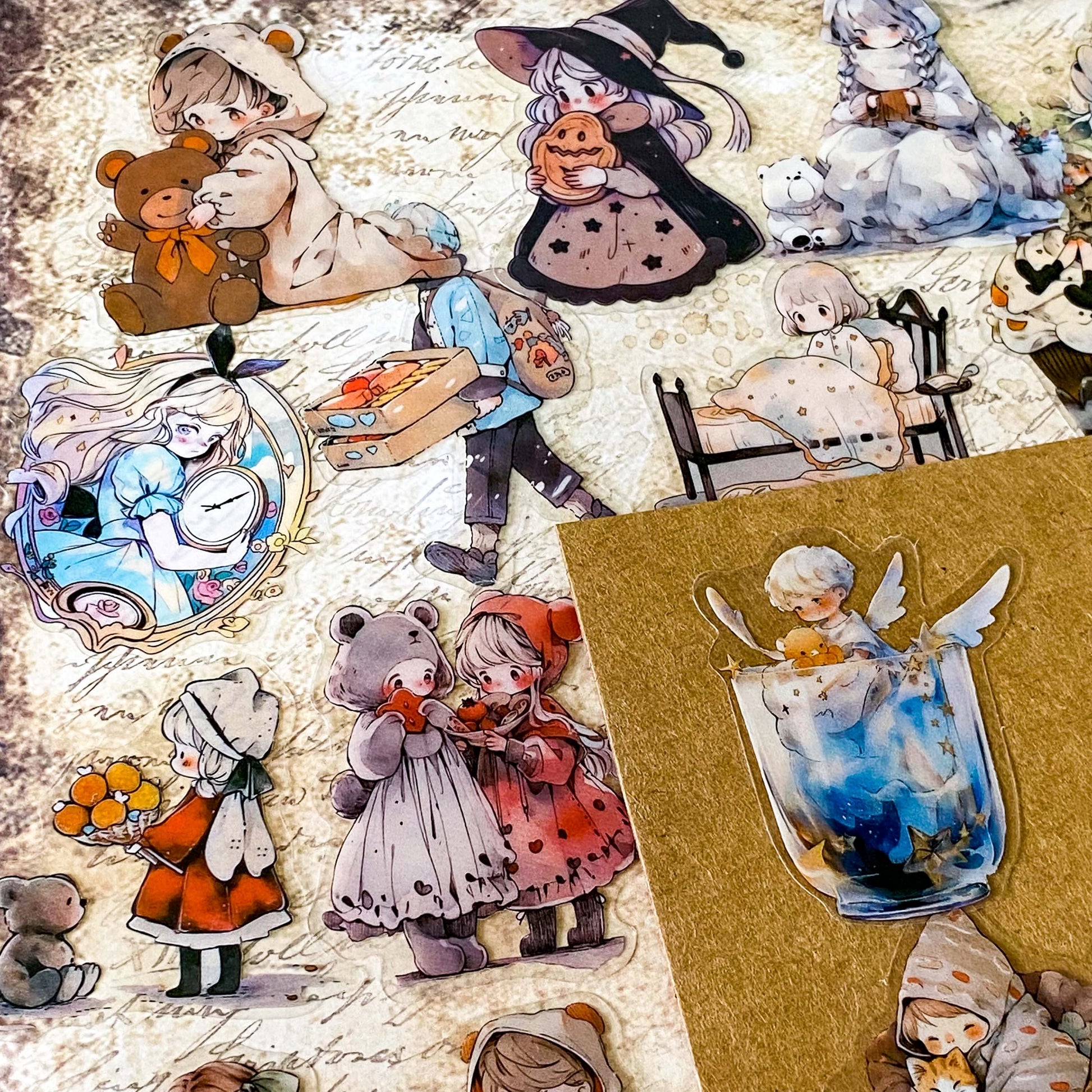 48 piece storybook daydreams PET sticker collection featuring vintage style children, teddy bears, flowers, woodland animals, cottagecore scenes and whimsical fairytale illustrations. Muted antique retro colours. UK cute stationery shop and letterbox gifts store.