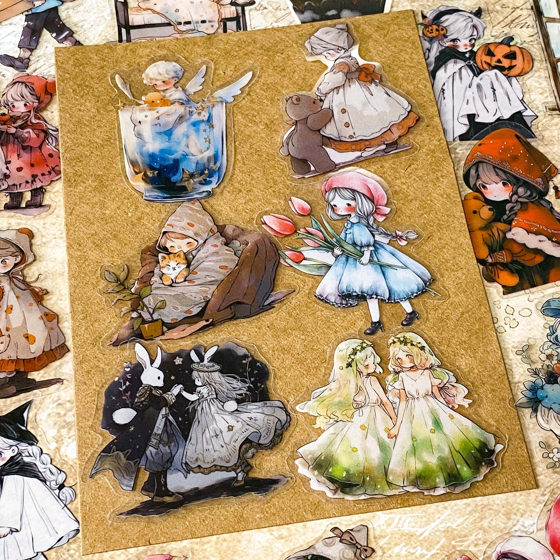 48 piece storybook daydreams PET sticker collection featuring vintage style children, teddy bears, flowers, woodland animals, cottagecore scenes and whimsical fairytale illustrations. Muted antique retro colours. UK cute stationery shop and letterbox gifts store.