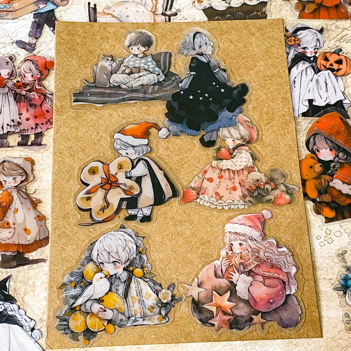 48 piece storybook daydreams PET sticker collection featuring vintage style children, teddy bears, flowers, woodland animals, cottagecore scenes and whimsical fairytale illustrations. Muted antique retro colours. UK cute stationery shop and letterbox gifts store.