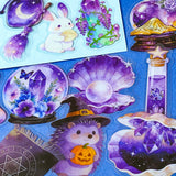 pack of 50 magical fantasy stickers featuring crystal balls, spell books, moonlit scrolls, enchanted mushrooms, ravens, potion bottles, celestial moons, magical animals and crystal gardens in lavender, violet and blue tones. UK stationery shop and letterbox gifts store.