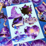 pack of 50 magical fantasy stickers featuring crystal balls, spell books, moonlit scrolls, enchanted mushrooms, ravens, potion bottles, celestial moons, magical animals and crystal gardens in lavender, violet and blue tones. UK stationery shop and letterbox gifts store.