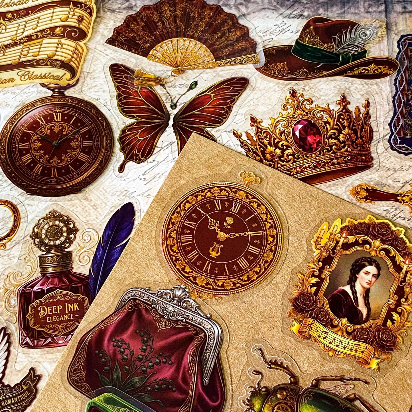 MIDNIGHT INK & VELVET ROSES - Ephemera Stickers - Pack of 50 Vintage PET Crimson & Old Gold Antiques