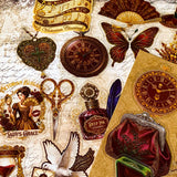 pack of 50 victorian inspired clear PET ephemera stickers featuring antique books, clocks, perfume bottles, roses, swans, butterflies, crowns, handwritten letters and curiosity cabinet treasures in rich dark burgundy, gold, green and midnight blue tones. Uk stationery shop.