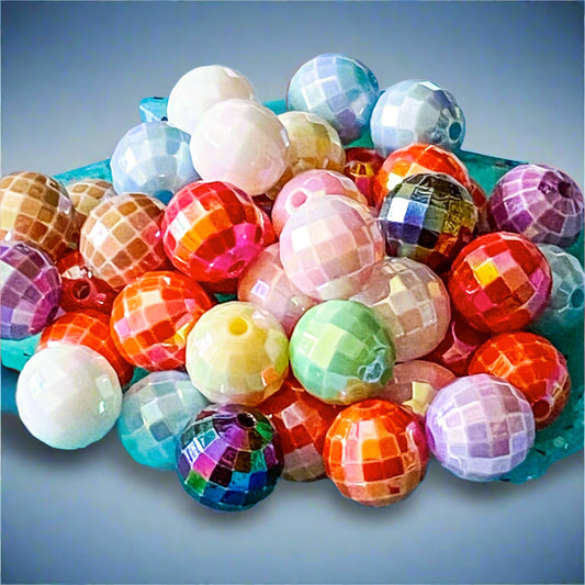 sparkly disco bead beads faceted round 15mm acrylic craft supplies colourful balls ball super shiny iridescent ab coated uk crafts shop store jewellery making