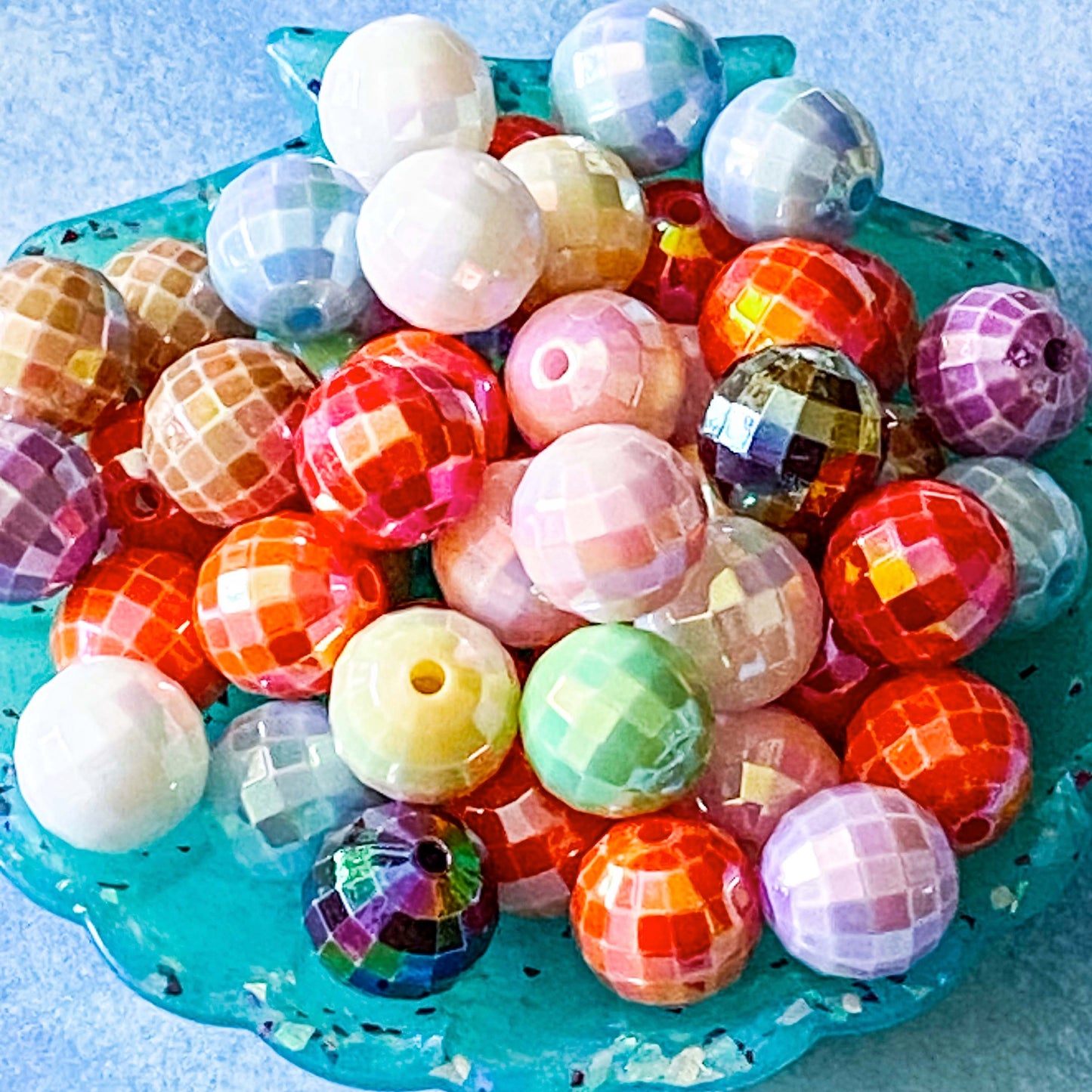sparkly disco bead beads faceted round 15mm acrylic craft supplies colourful balls ball super shiny iridescent ab coated uk crafts shop store jewellery making