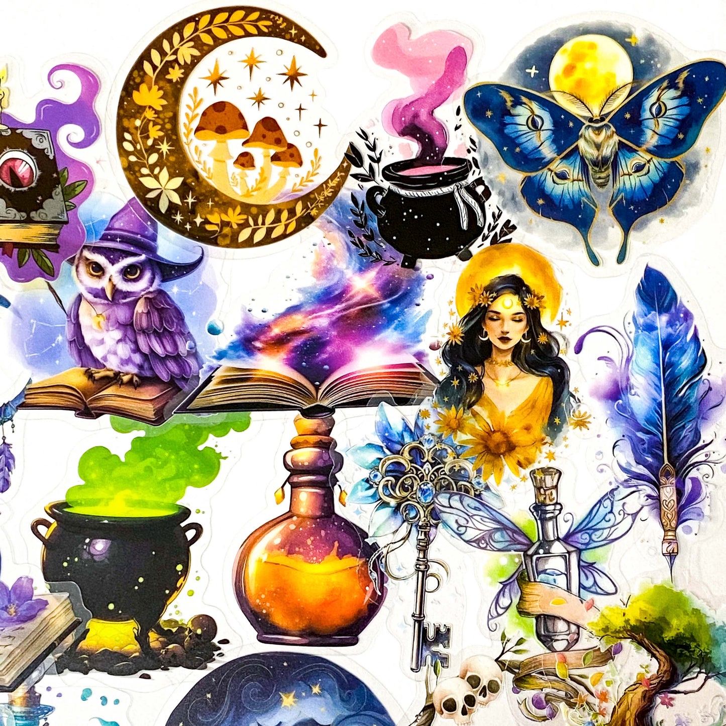 magic magical mystical witch witchcraft sticker stickers big large clear plastic pack hat potion cat black crystal ball books spells moon moons girl mushroom moth purple blue owl owls pentagon pentangle uk cute kawaii colourful stationery pack set gift gifts