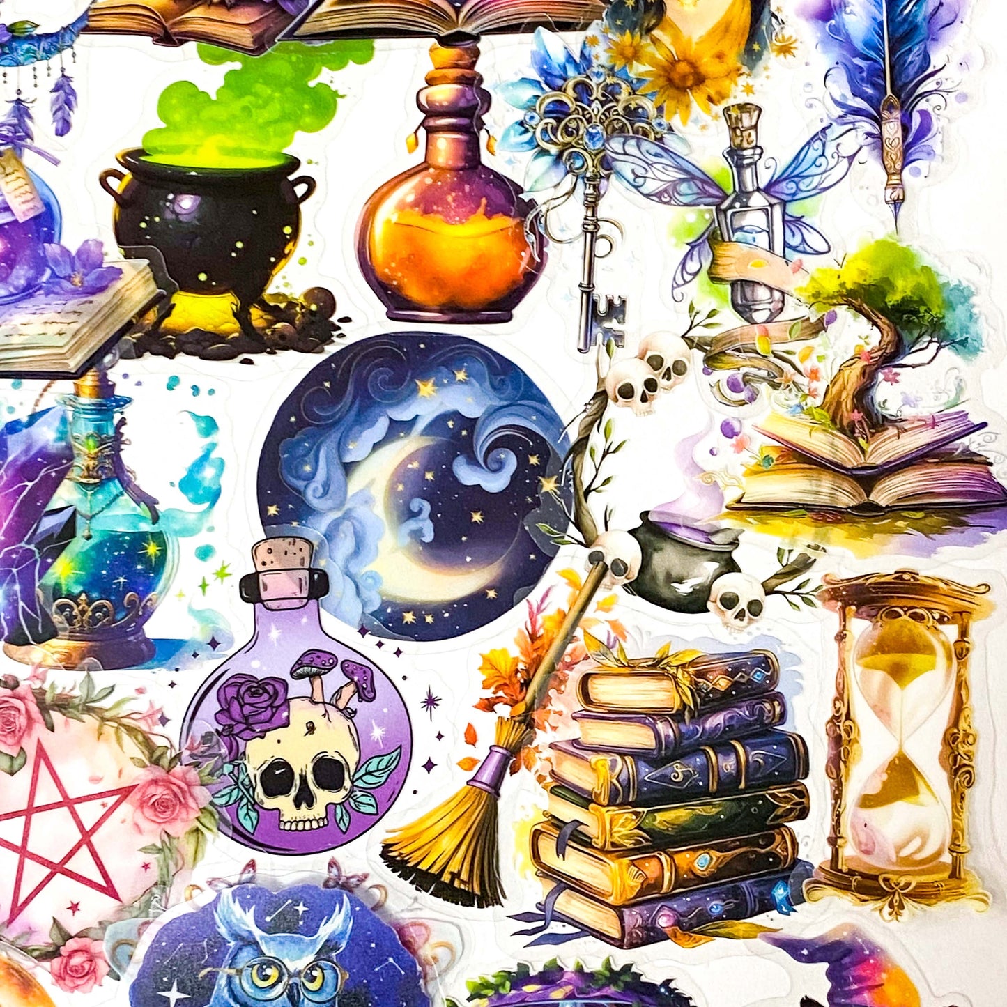 magic magical mystical witch witchcraft sticker stickers big large clear plastic pack hat potion cat black crystal ball books spells moon moons girl mushroom moth purple blue owl owls pentagon pentangle uk cute kawaii colourful stationery pack set gift gifts