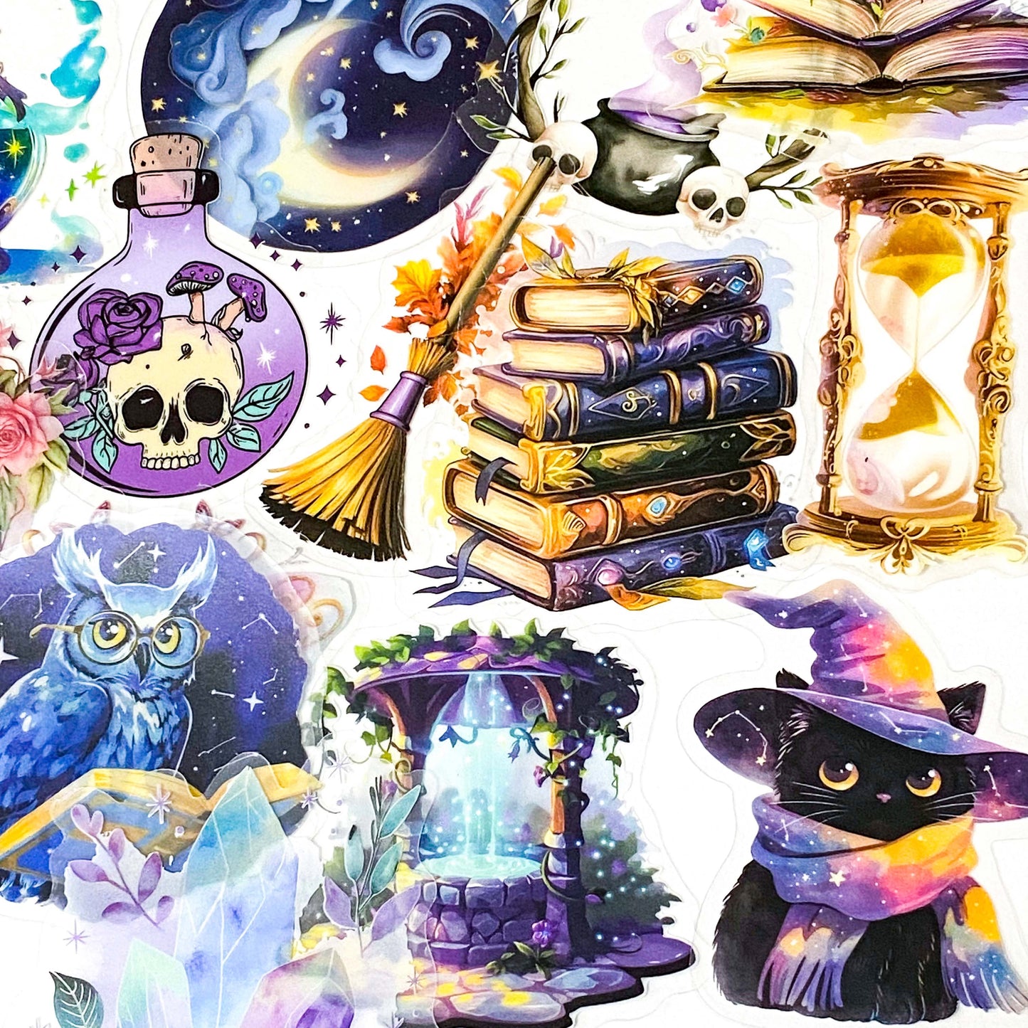 magic magical mystical witch witchcraft sticker stickers big large clear plastic pack hat potion cat black crystal ball books spells moon moons girl mushroom moth purple blue owl owls pentagon pentangle uk cute kawaii colourful stationery pack set gift gifts