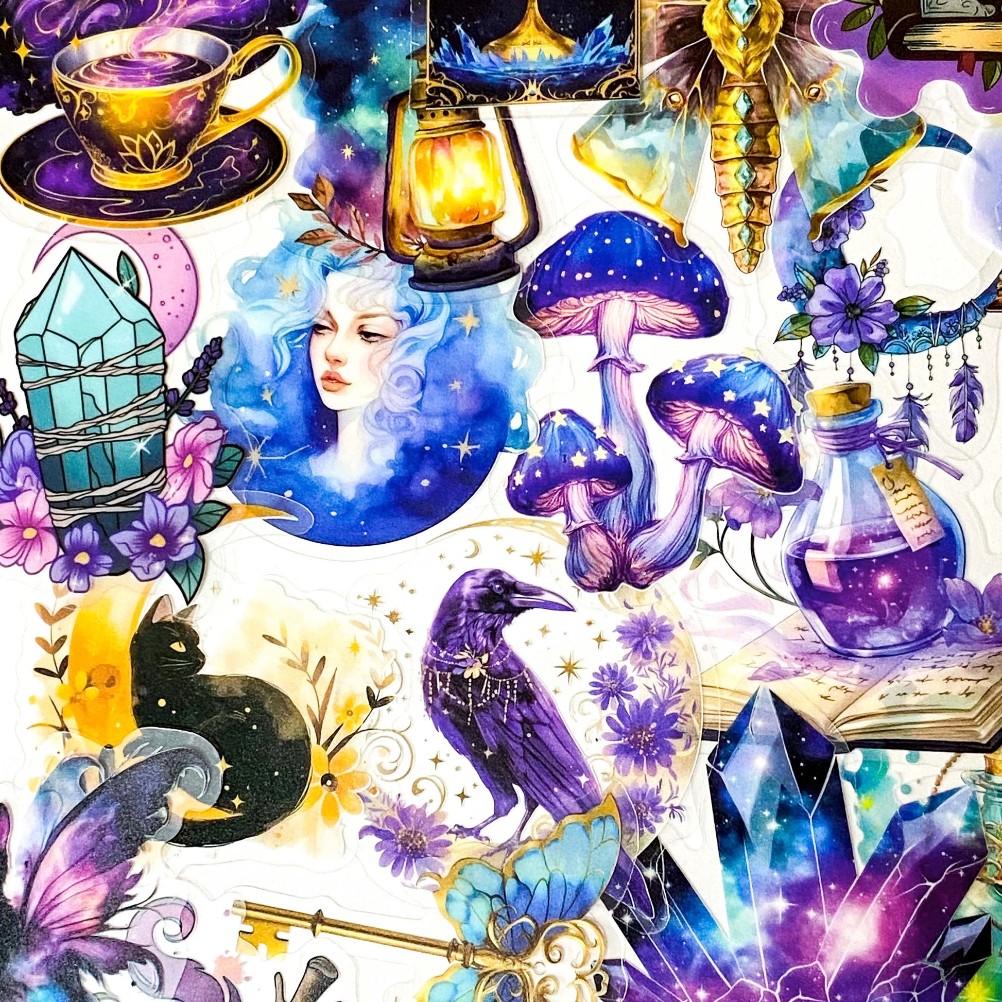 magic magical mystical witch witchcraft PET sticker stickers big large clear plastic pack hat potion cat black crystal ball books spells moon moons girl mushroom moth purple blue owl owls pentagon pentangle uk cute kawaii colourful stationery pack set gift gifts