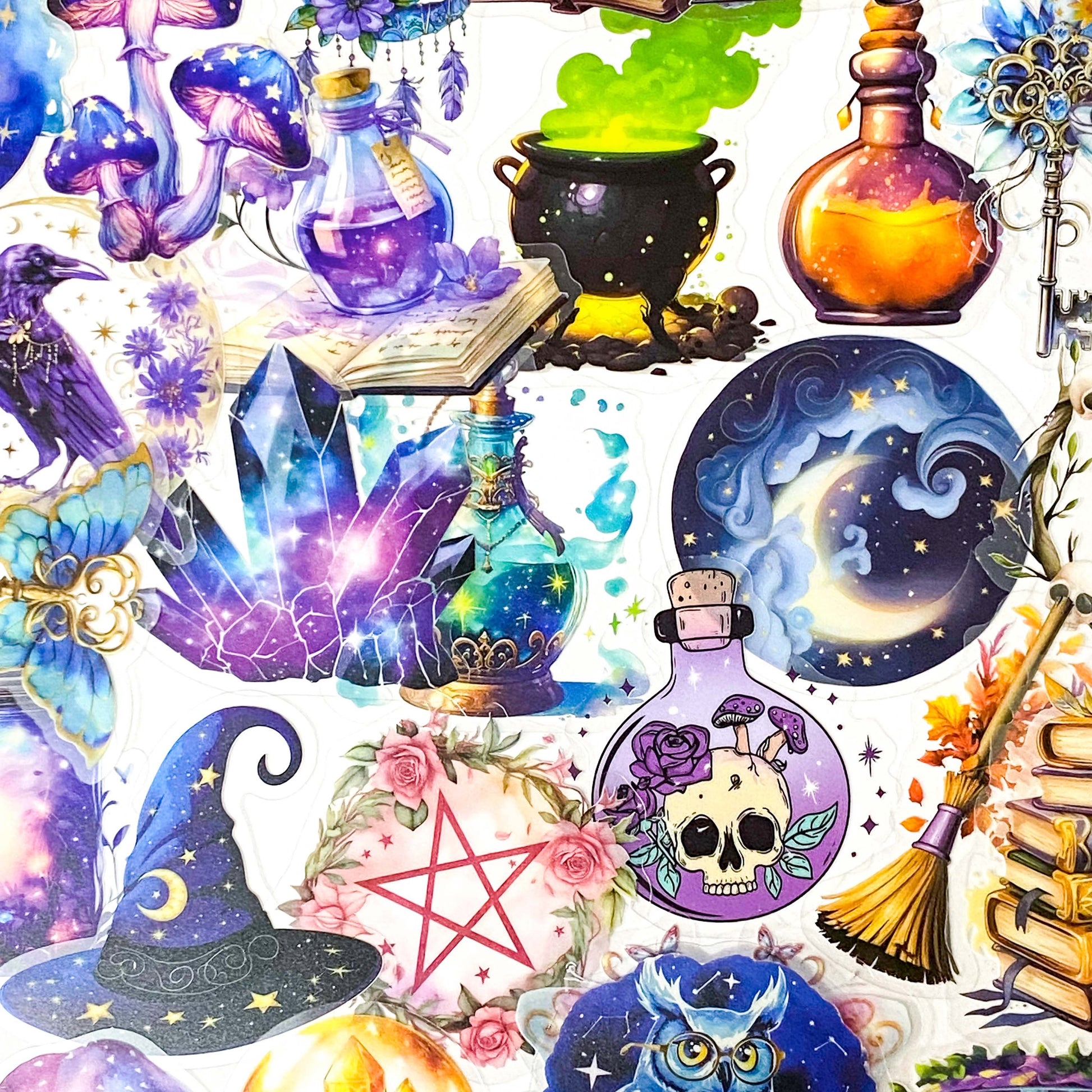 magic magical mystical witch witchcraft sticker stickers big large clear plastic pack hat potion cat black crystal ball books spells moon moons girl mushroom moth purple blue owl owls pentagon pentangle uk cute kawaii colourful stationery pack set gift gifts