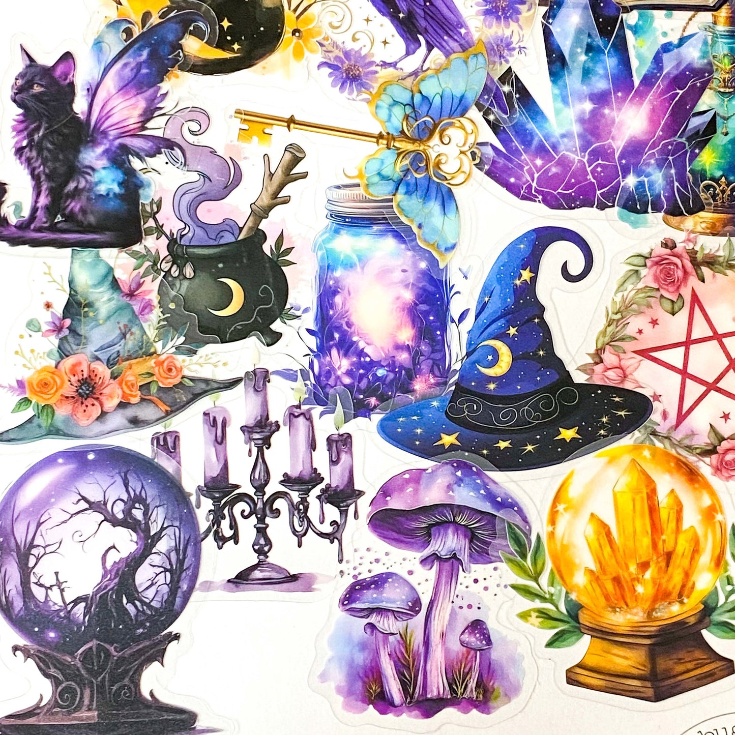 magic magical mystical witch witchcraft sticker stickers big large clear plastic pack hat potion cat black crystal ball books spells moon moons girl mushroom moth purple blue owl owls pentagon pentangle uk cute kawaii colourful stationery pack set gift gifts