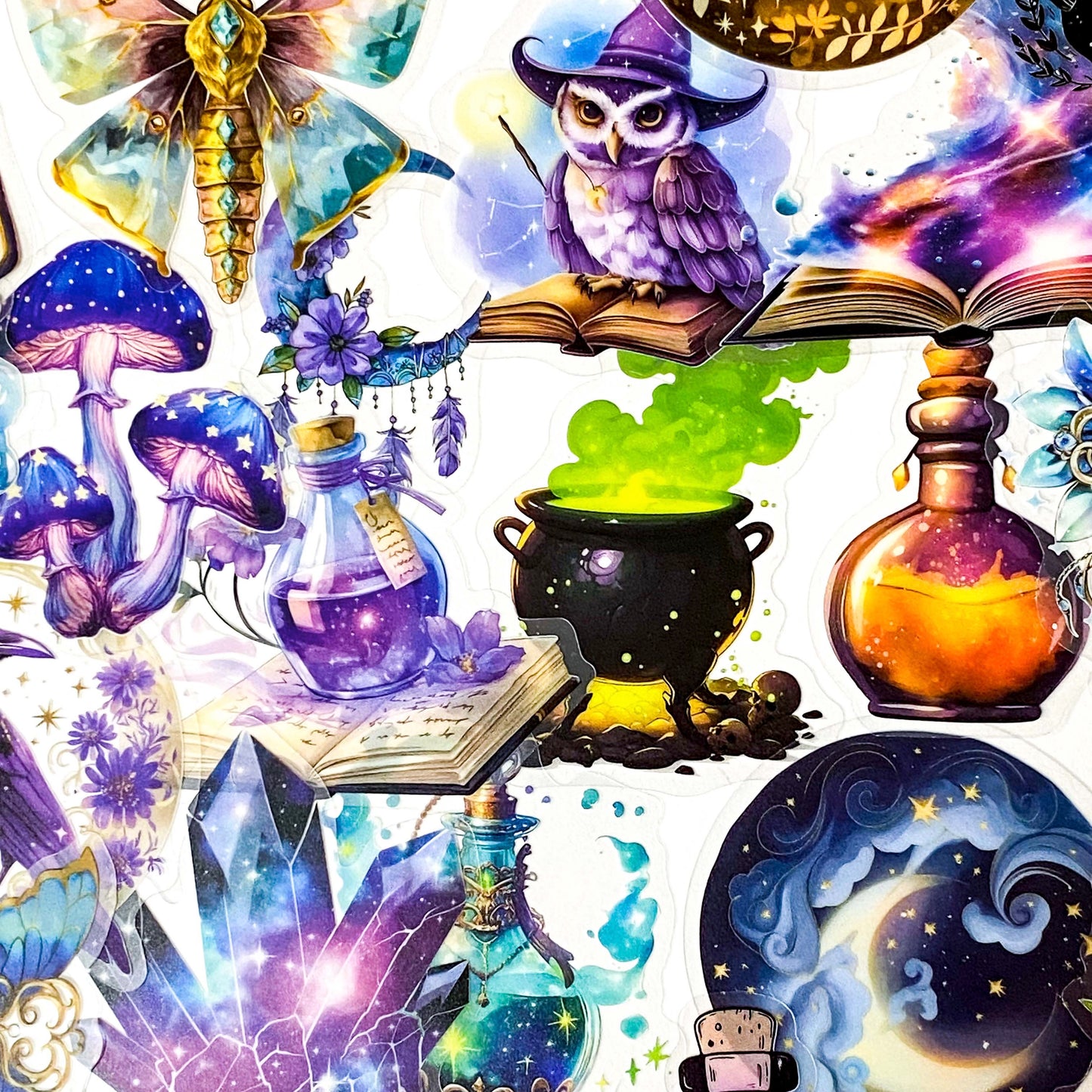 magic magical mystical witch witchcraft sticker stickers big large clear plastic pack hat potion cat black crystal ball books spells moon moons girl mushroom moth purple blue owl owls pentagon pentangle uk cute kawaii colourful stationery pack set gift gifts