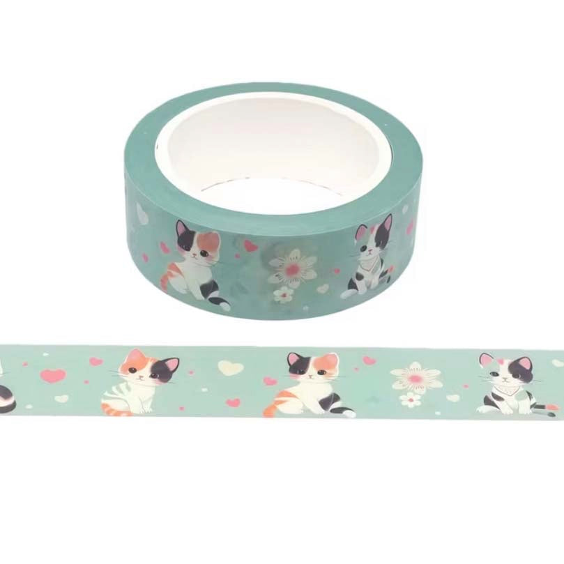 mint green washi tape roll with a cute kitten pattern and flowers on a white background
