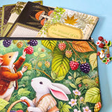 harvest mouse and bunny woodland gift set with illustrated pouch, botanical sticker book, ephemera sheets and berry brooch
