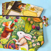 harvest mouse and bunny woodland gift set with illustrated pouch, botanical sticker book, ephemera sheets and berry brooch