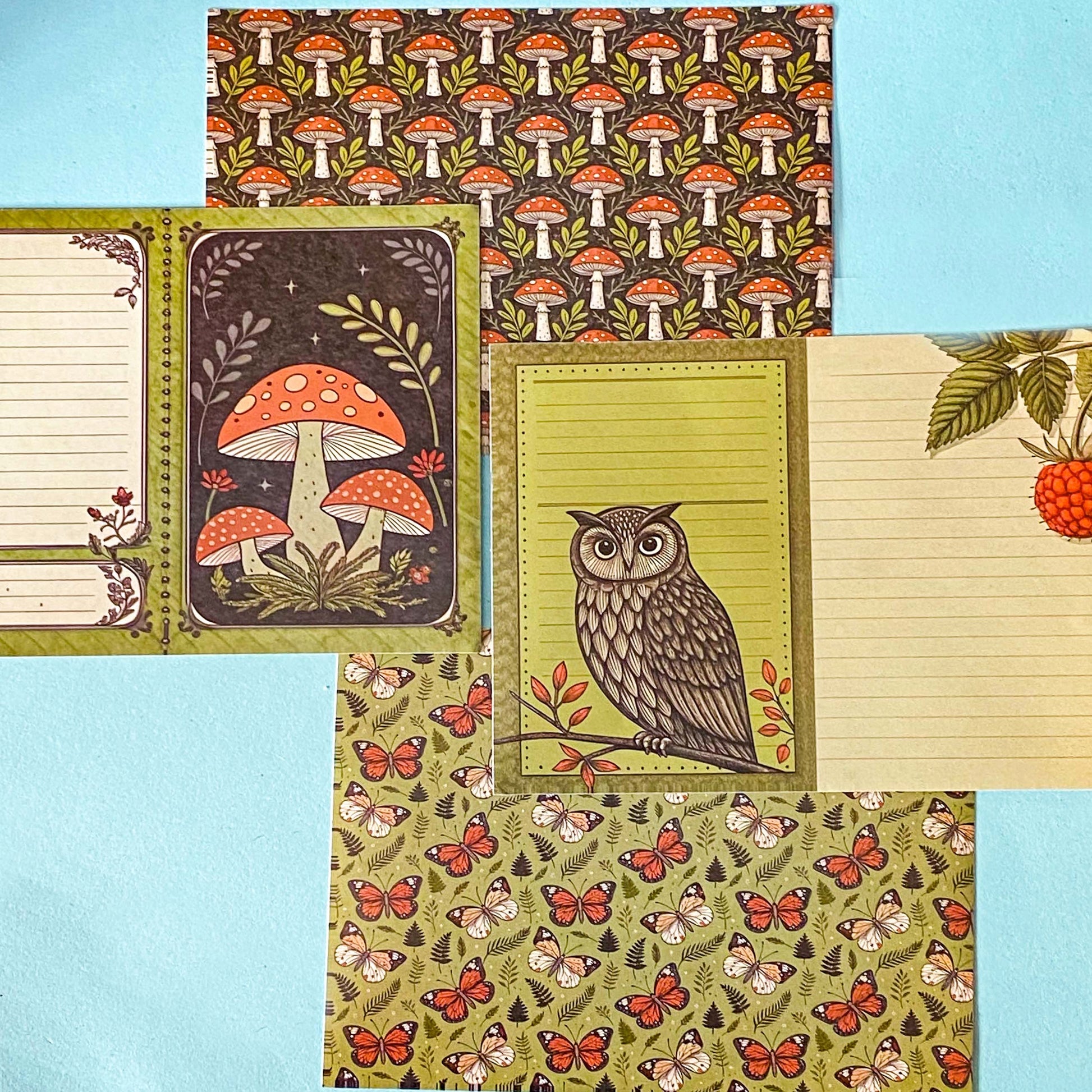 harvest mouse and bunny woodland gift set with illustrated pouch, botanical sticker book, ephemera sheets and berry brooch
