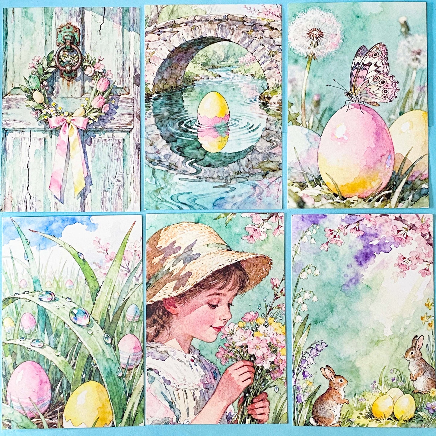 set of spring pastel postcards wrapped in a kraft belly band with wax seal sticker on a blue background