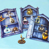 nature themed magic cabinet ephemera set with blue illustrated cabinet shelves and 22 paper cut put pieces including moths, insects and specimen bottles on a blue background with a pen