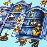 nature themed magic cabinet ephemera set with blue illustrated cabinet shelves and 22 paper cut put pieces including moths, insects and specimen bottles on a blue background with a pen