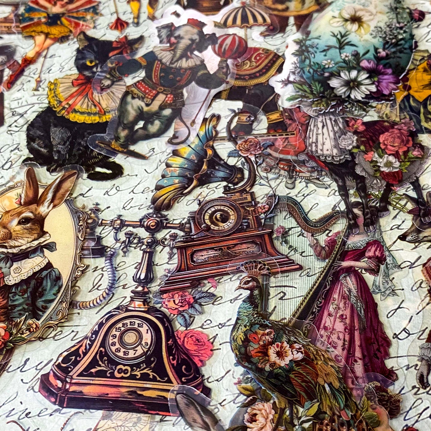 victorian clear stickers vintage animals, ephemera junk journal set with circus animals, cats, butterflies, clocks, antique objects and theatre images 