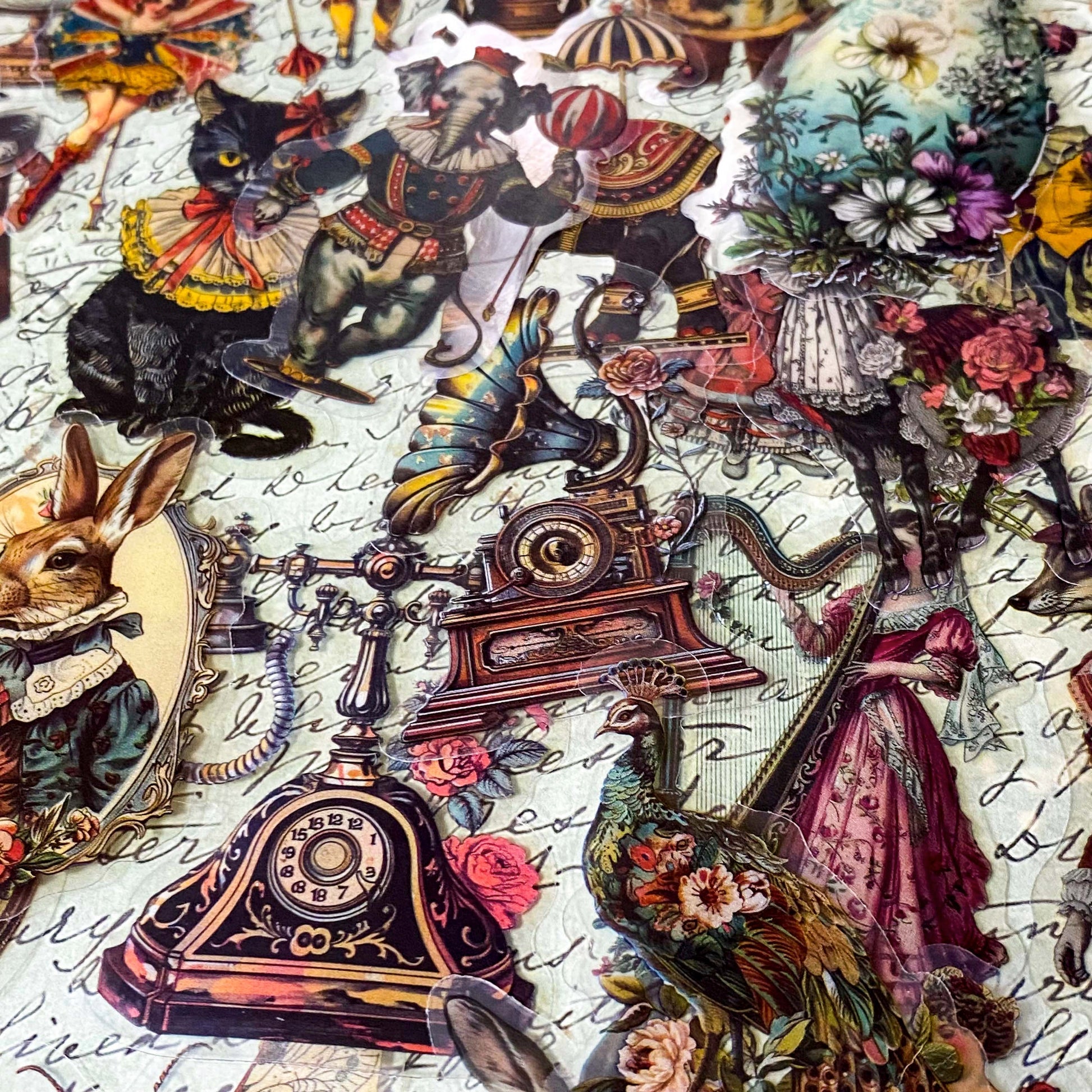 victorian clear stickers vintage animals, ephemera junk journal set with circus animals, cats, butterflies, clocks, antique objects and theatre images 