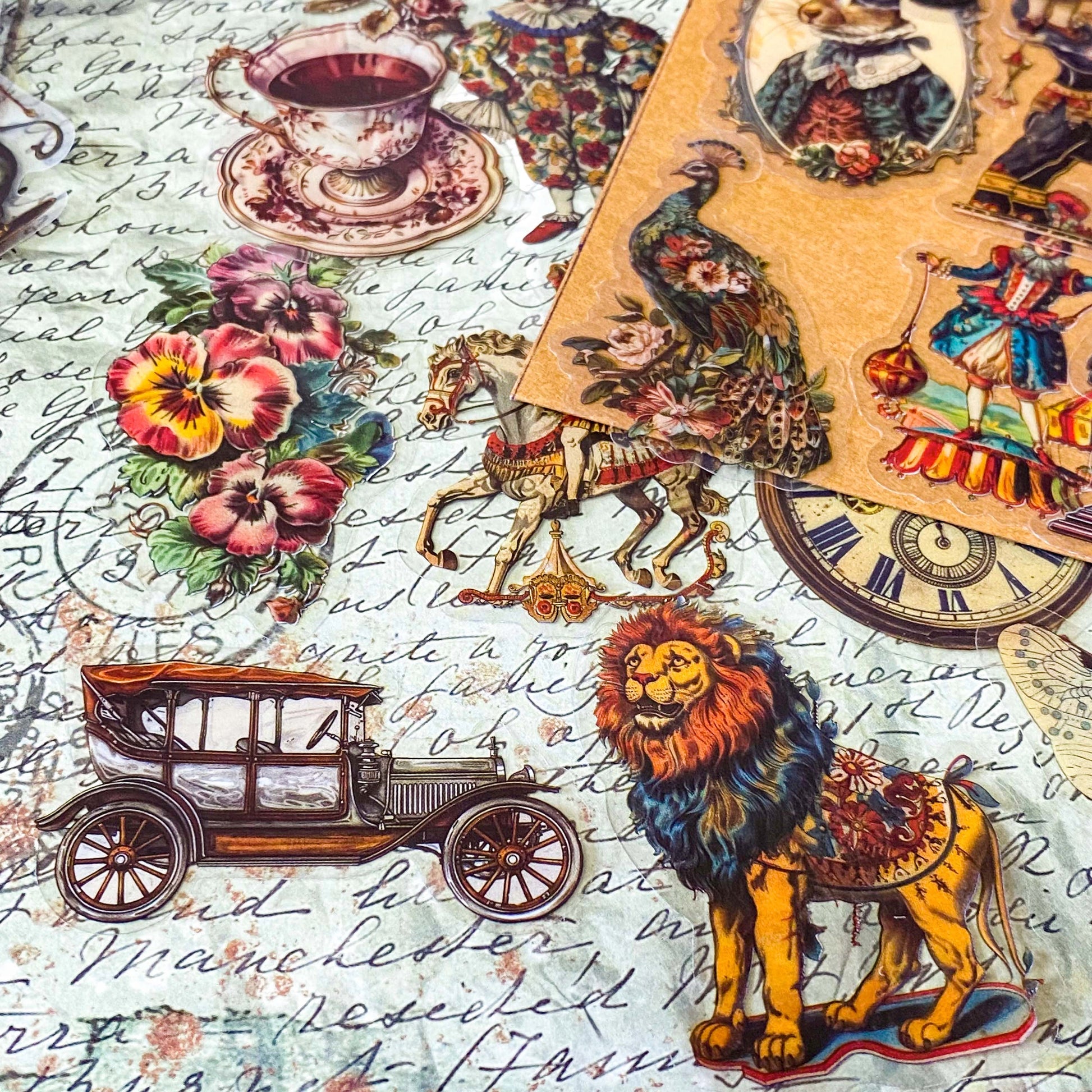 vintage inspired large clear sticker set of 50 victorian animals and objects including antique car, flowers, circus lion and peacock