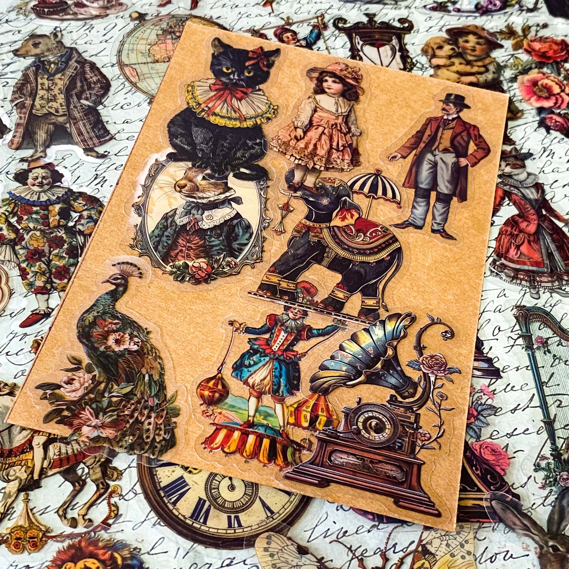 victorian clear stickers vintage animals, ephemera junk journal set with circus animals, cats, butterflies, clocks, antique objects and theatre images 