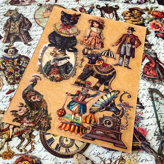 victorian clear stickers vintage animals, ephemera junk journal set with circus animals, cats, butterflies, clocks, antique objects and theatre images 