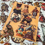 victorian clear stickers vintage animals, ephemera junk journal set with circus animals, cats, butterflies, clocks, antique objects and theatre images 