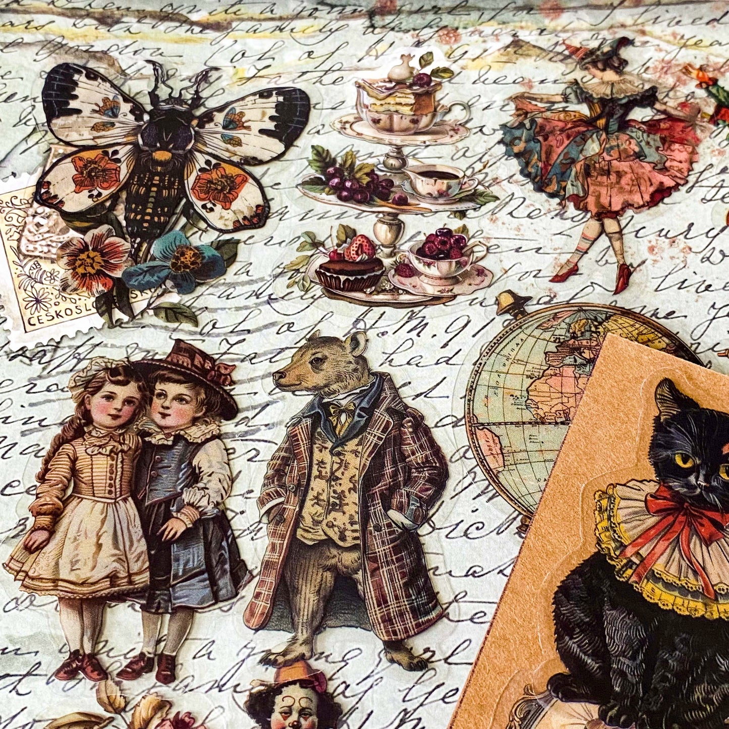 vintage inspired pack of 50 large clear stickers including globe of the world, tea party, victorian children and costumed animals