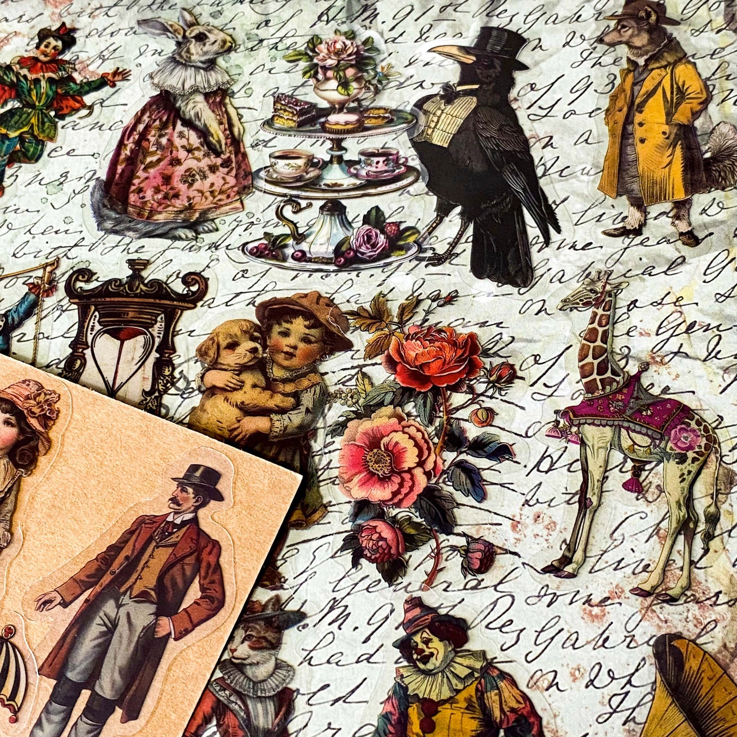 vintage inspired pack of 50 large clear stickers including giraffe, floral, victorian costumes, bird and tea party illustrations