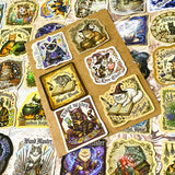 glossy witchy cat stickers spread out showing magical designs including potion cats, astrology, spell books and crystal ball illustrations in vintage style