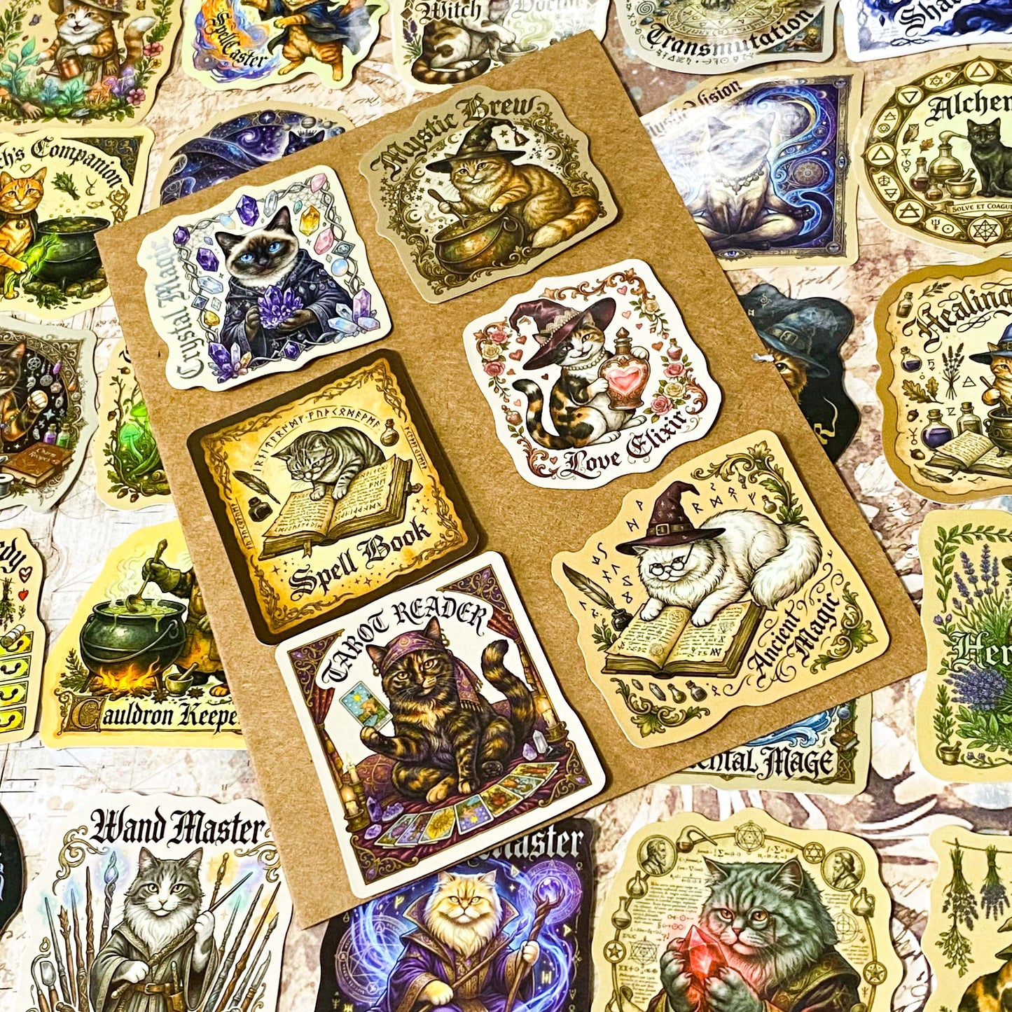 dark academia witchy cat stickers with glossy finish and designs including ancient magic cat, spell book cat, alchemist cat and crystal magic cat with vintage illustrations