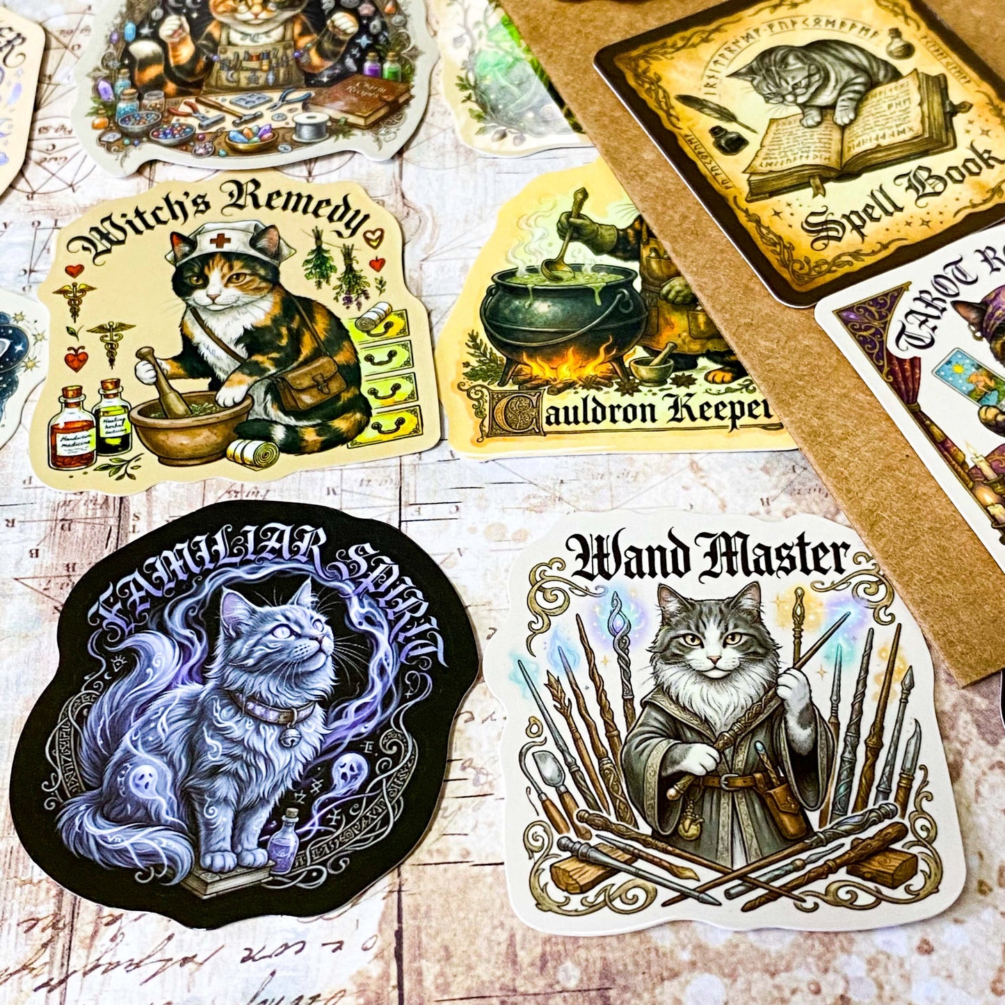 mystical cats laptop stickers set of 50 including familiars, spell books, wand master and cauldron keeper cats in dark vintage  academia style