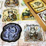 mystical cats laptop stickers set of 50 including familiars, spell books, wand master and cauldron keeper cats in dark vintage  academia style