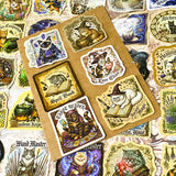 dark academia witchy cat stickers with glossy finish and designs including ancient magic cat, spell book cat, alchemist cat and crystal magic cat with vintage illustrations