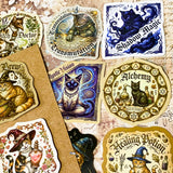 Collection of mystical and magical-themed stickers with vintage witchy cats on a textured surface. designs include shadow magic cat and mystic vision cats