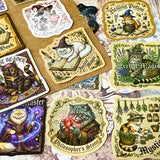 Collection of vintage magic witchy cat-themed laptop stickers with various designs on a textured surface.