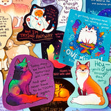 colourful glossy affirmation stickers with cute animals and positive mental health messages including foxes, cats and fantasy creatures on pastel background