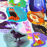 colourful glossy affirmation stickers with cute animals and positive mental health messages including raven, hedgehog, dog, red panda and fantasy creatures on pastel background