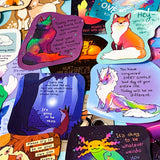 colourful glossy affirmation stickers with cute animals and positive mental health messages including fox, axolotl, cat and fantasy creatures on pastel background