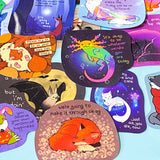 colourful glossy affirmation stickers with cute animals and positive mental health messages including axolotl hedgehog and fantasy creatures on pastel background