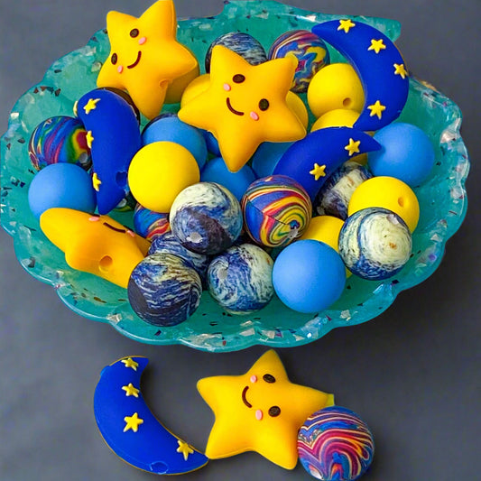 silicone star stars moon moons sky night skies galaxy bead beads jumbo very large uk cute kawaii beaded jewellery making pen pens build your own craft supplies gift gifts shop store crafts blue yellow swirl swirly