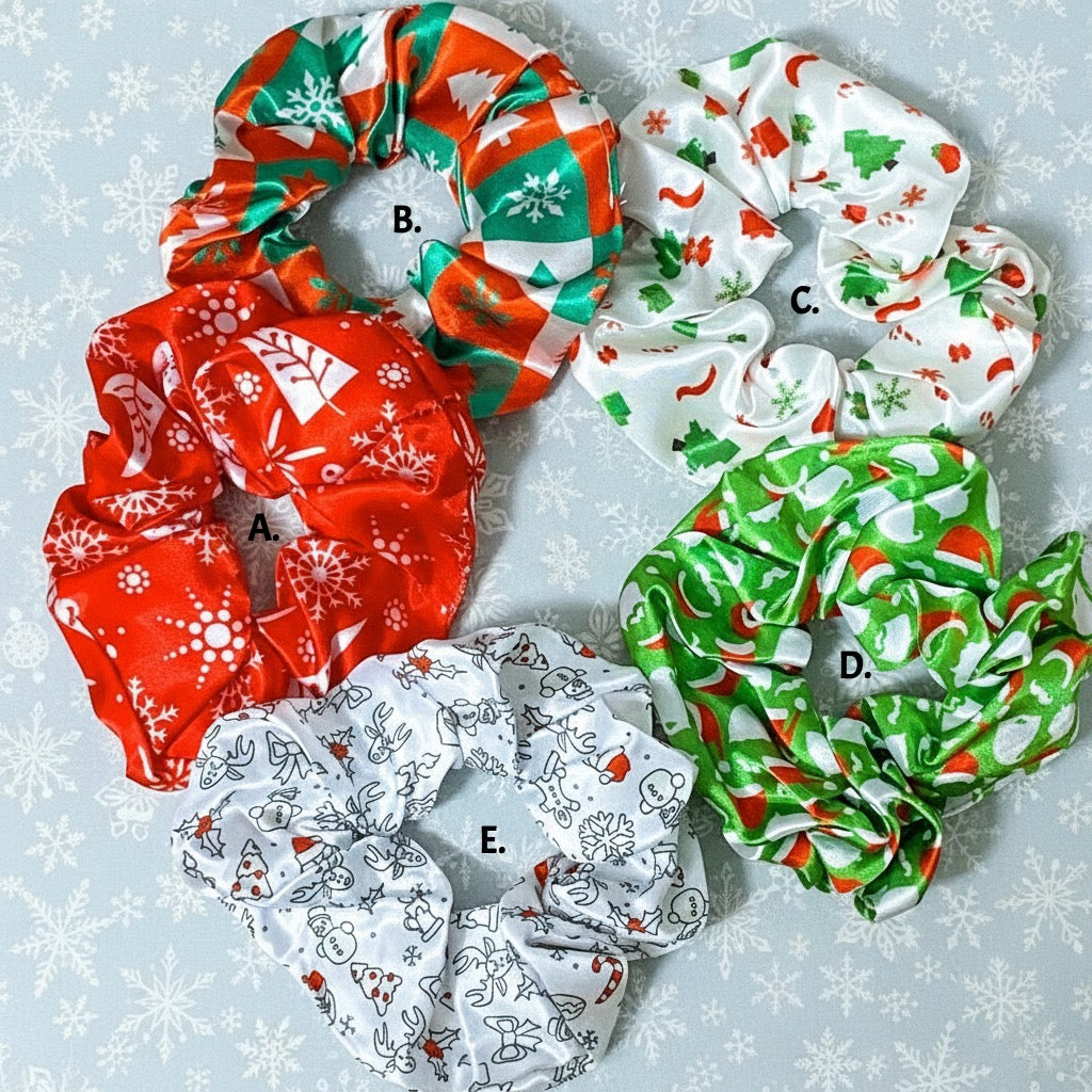 satin hair scrunchie scrunchies festive christmas pattern patterned silk soft large elastic stocking filler fillers gift gifts uk cute kawaii present for her girl girls red green white 